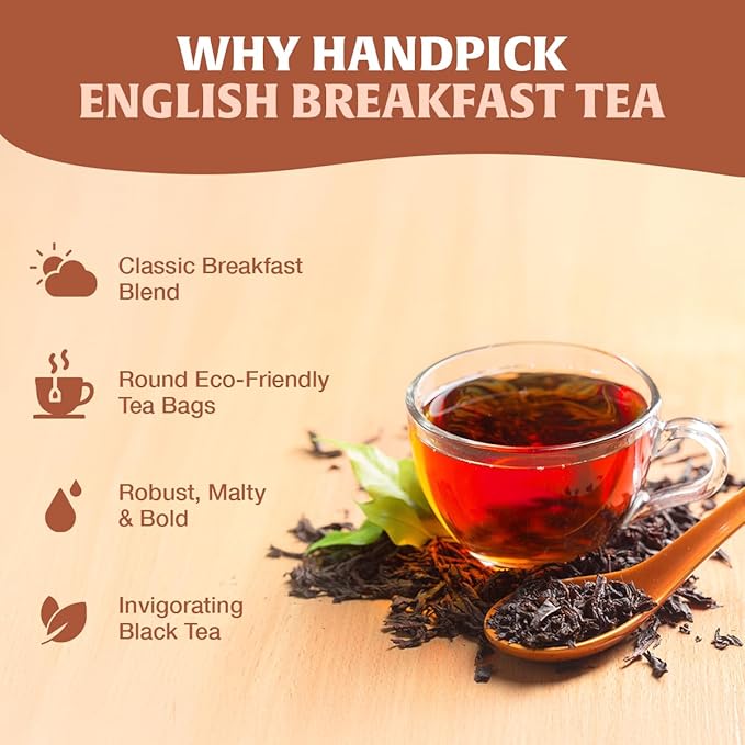 HANDPICK, Organic English Breakfast Black Tea Bags (100 Count) USDA Organic, Non-GMO | Strong, Robust, High-Caffeine Black Tea | Eco-conscious Tea Bags, Brew English Breakfast Tea & Kombucha Tea