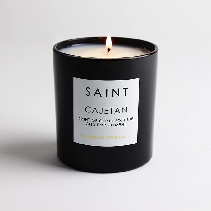 SAINT Cajetan Scented Candle with Prayer and Prayer Coin, Saint of Good Fortune and Employment, Soy Coconut Aromatherapy Candle with 50 Hour Burn Time