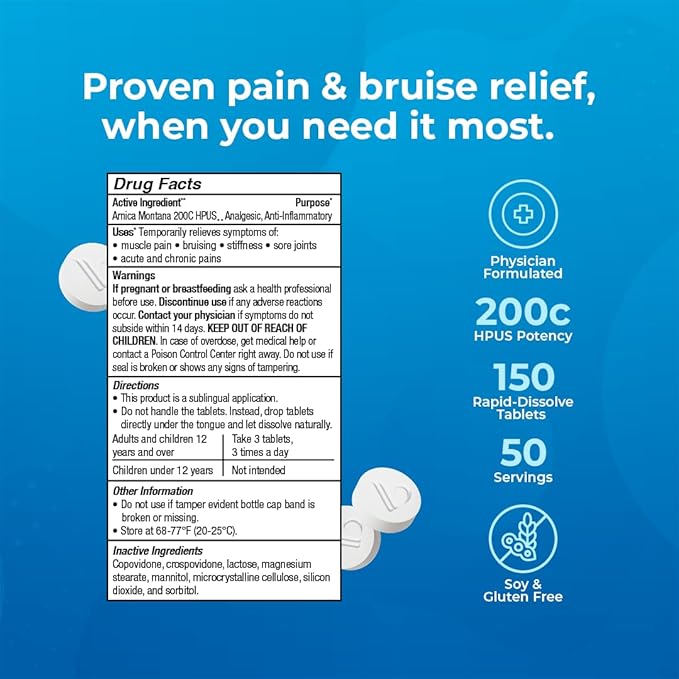 VitaMedica Arnica Montana 200C Rapid Dissolve Tablets for Natural Pain, Bruising, and Swelling Support - High Potency Homeopathic Medicine for Injury and Surgery Recovery - 150 Ct - 50 Servings