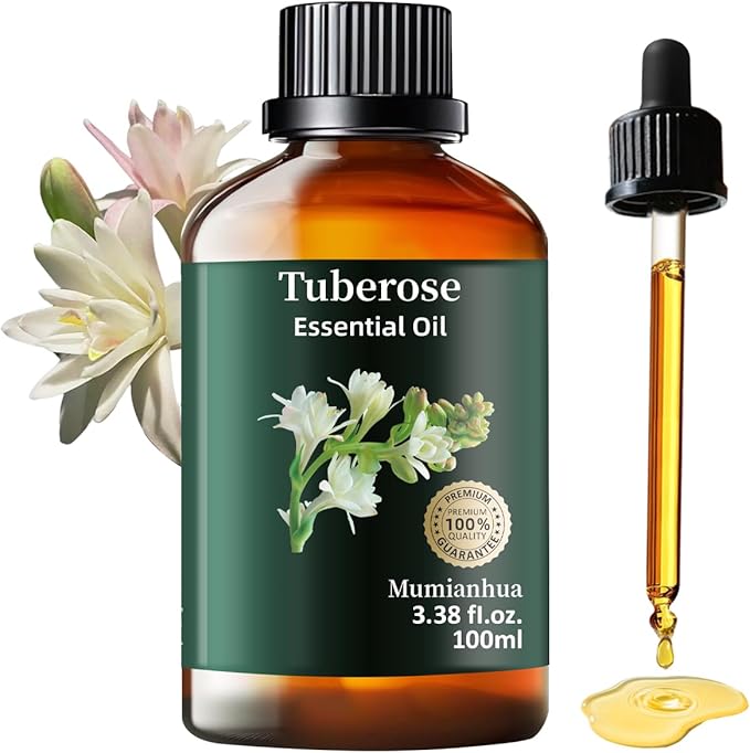 Mumianhua Tuberose Essential Oil 100% Pure Therapeutic Grade Natural Flower Tuberose Oil for Diffuser, Massage, Yoga, Skin,Hair, DIY Perfumes & Fragrance Candle Making Scents 3.38 Fl Oz
