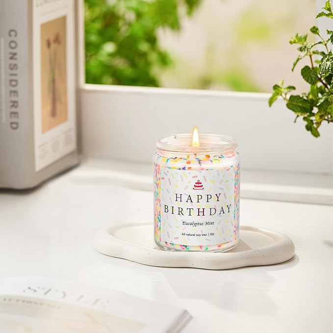 Happy Birthday Candles Set, 4 Pack Birthday Candle Gifts for Women, Unique Best Friend Birthday Gifts Ideas for Her and Him, Natural Soy Candle Scent of Vanilla Coconut/Lavender/Eucalyptus Mint - 7oz