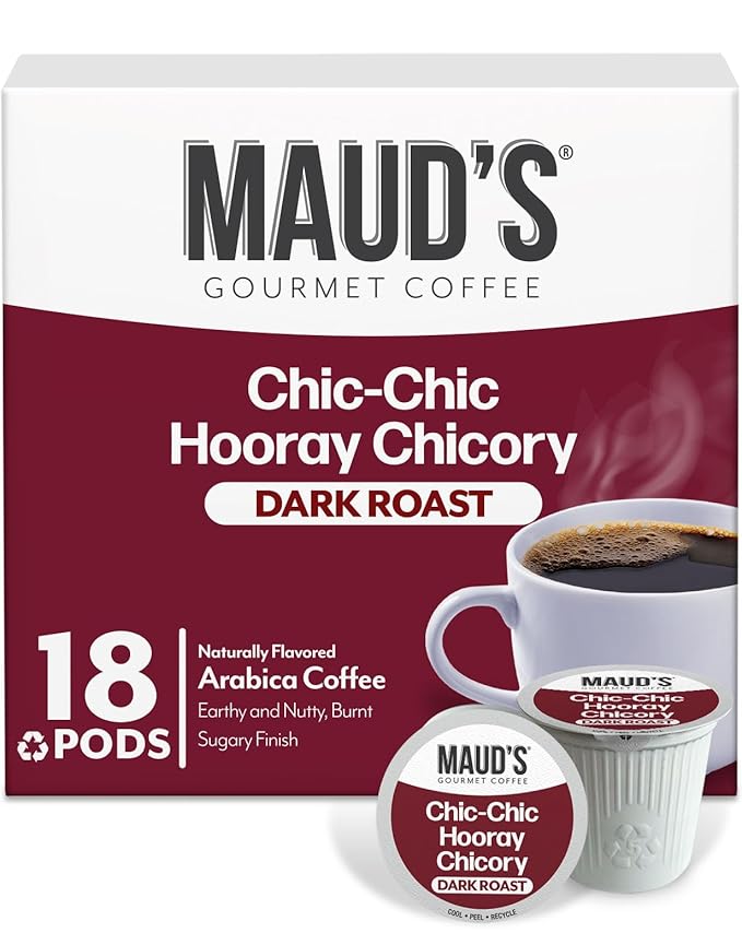 Maud's Chicory Flavored Coffee Pods, 18 ct, Dark Roast Flavored Coffee in Recyclable Single Serve Pods – 100% Arabica Beans, Compatible with Keurig K Cups Maker