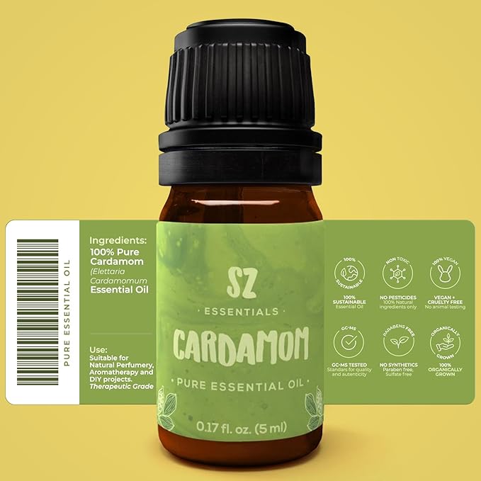 – Cardamom Essential Oil – 100% Pure & Undiluted – Therapeutic Grade, Steam Distilled, Elettaria Cardamomum – Exotic Sweet & Spicy Aroma for Uplifting Aromatherapy – 0.17 oz (5 mL)