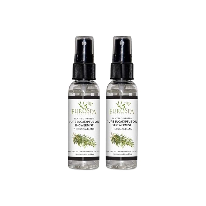 EuroSpa Aromatics Pure Eucalyptus Oil ShowerMist and Steam Room Spray, All-Natural Premium Aromatherapy Essential Oils - Tea Tree Infused, 2oz, 2 Pack