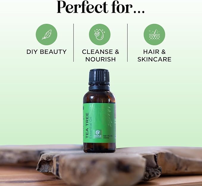 Pure Tea Tree Oil for Hair Skin and Nails - 100% Pure Undiluted Tea Tree Essential Oil with Dropper for Topical Uses Aromatherapy Diffusing and Home and Beauty DIYs - Vegan and Cruelty Free (1 Fl Oz)