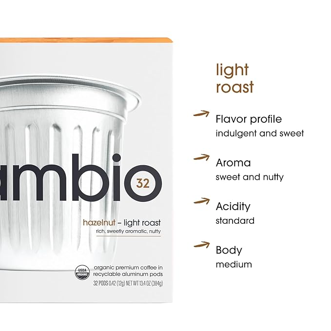 Cambio Roasters Organic Hazelnut Coffee Keurig KCups, Only Aluminum K Cup for Better & Longer Lasting Flavor, Nutty and Slightly Sweet Light Roast Kcup Keurig Coffee Pods, Lower Acid Kcups, 10 count