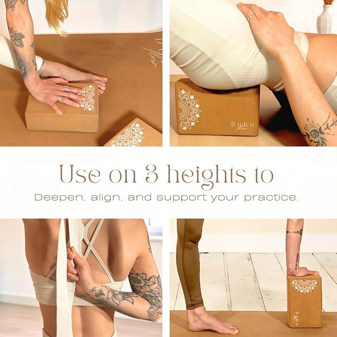 Boho Flow Cork Yoga Block 2 Pack with Strap & Bag | Premium Eco-Friendly Cork Bricks 9”x6”x3” | Heavy-Duty, Non-Slip & Durable Yoga Props | Plastic-Free, EVA-Free, Non-Toxic