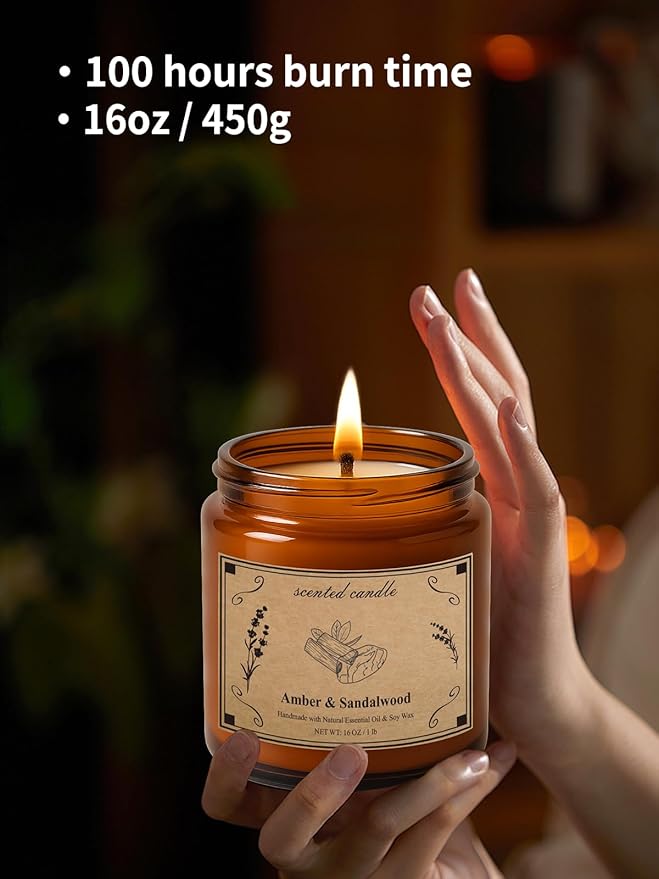 Scented Candles, 16oz Large Jar Soy Wax Candle – Amber & Sandalwood with Premium Plant Wax Blend for Consistent Burn, Aromatherapy Candle for Home Scented, Relaxation and Gift for Women/Men