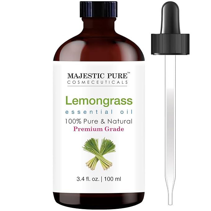 Majestic Pure Essential Oil with Glass Dropper - 100% Pure and Natural - Essential Oils for Diffuser, Aromatherapy, Soap and Candle Making, Lemongrass Essential Oil, Lemongrass Oil, 3.4 Fl Oz