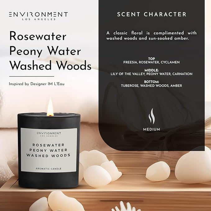 ENVIRONMENT Inspired by Designer Perfume IM L'Eau Candle, 8oz Luxury Coconut Wax Candles for Home (Rosewater | Peony Water | Washed Woods) Home Fragrance Products, 1 Wick Candle, Vegan & Cruelty-Free