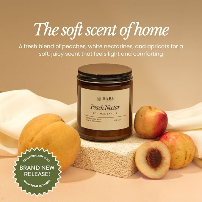 Bare Botanics Peach Nectar 9oz Soy Candle - 100% Plant-Based Fragrance Oils - Premium, Non-Toxic Candle - Softly Scented Natural Soy Wax - Handpoured in WI - 40 Hrs Long Burning & Ready to Gift