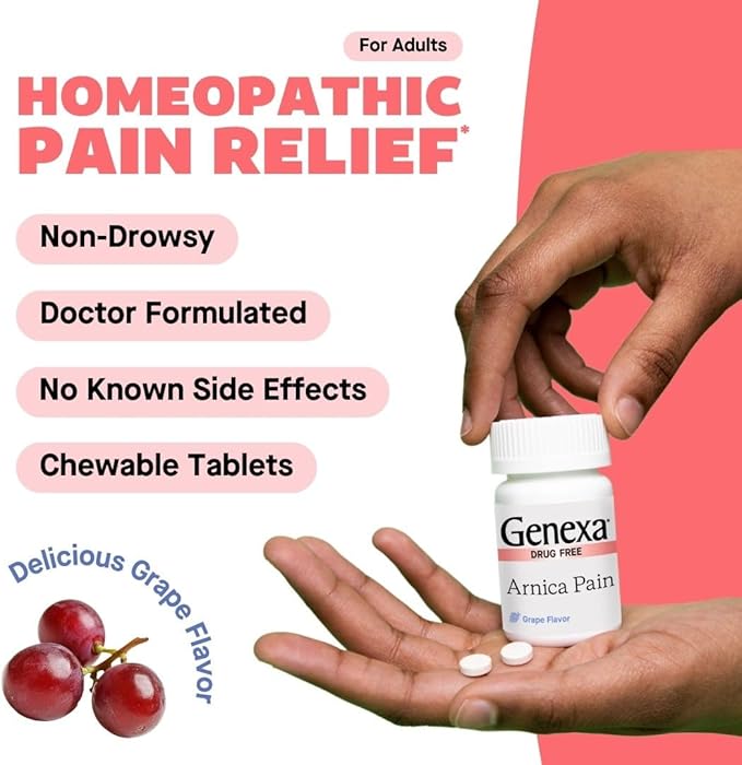 Genexa Arnica for Pain Relief | Alleviate Muscle & Joint Pain, Soreness & Stiffness | Reduces Bruises & Swelling | Organic Grape Flavor | Homeopathic Remedy Made Clean | 100 Chewable Tablets