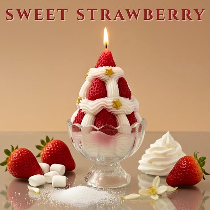 Sweet Strawberry Dessert Candle – Novelty Scented Candle, Strawberry Ice Cream Design, Strawberry & Marshmallow Scent, 220g / 7.76oz, Festive Christmas Candle with Premium Gift Box