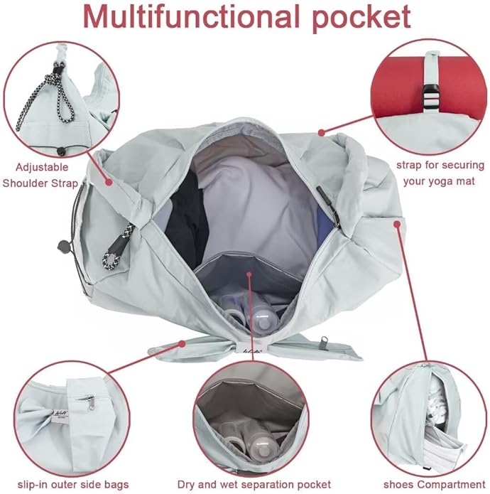 WOLT Gym Bag For Women, Yoga Mat Bag with Shoes Compartment, Wet Pocket and Water Bottle Pocket