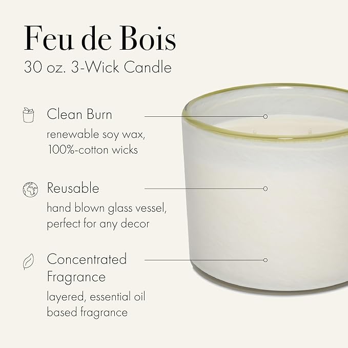LAFCO New York 3-Wick Candle, Feu de Bois - 30 oz - 120-Hour Burn Time - Reusable, Hand Blown Glass Vessel - Made in The USA