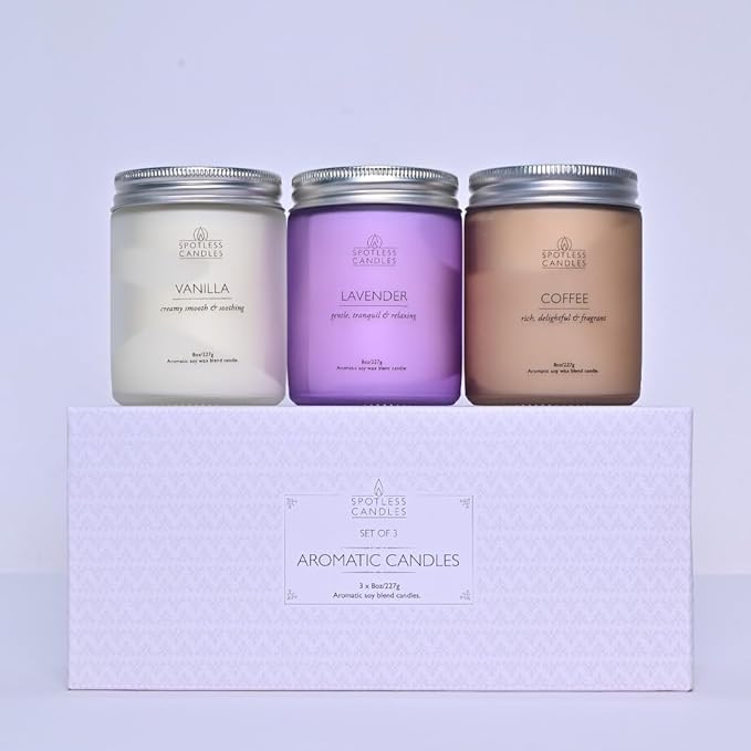 Aromatic Candles Three Pack - 3 x 8 oz Cotton Wick Candles Coloured Fosted Jars - Vanilla, Lavender and Coffee