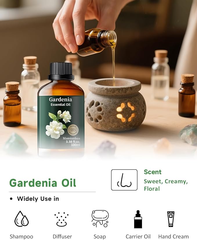 Gardenia Essential Oil, Pure Gardenia Oil Mumianhua Natural Aroma Oil for Reed Diffuser, Air Freshener, Skin, Massage, Hair, Laundry & Women's Perfume, Soap, Candles Making 3.38 Fl Oz