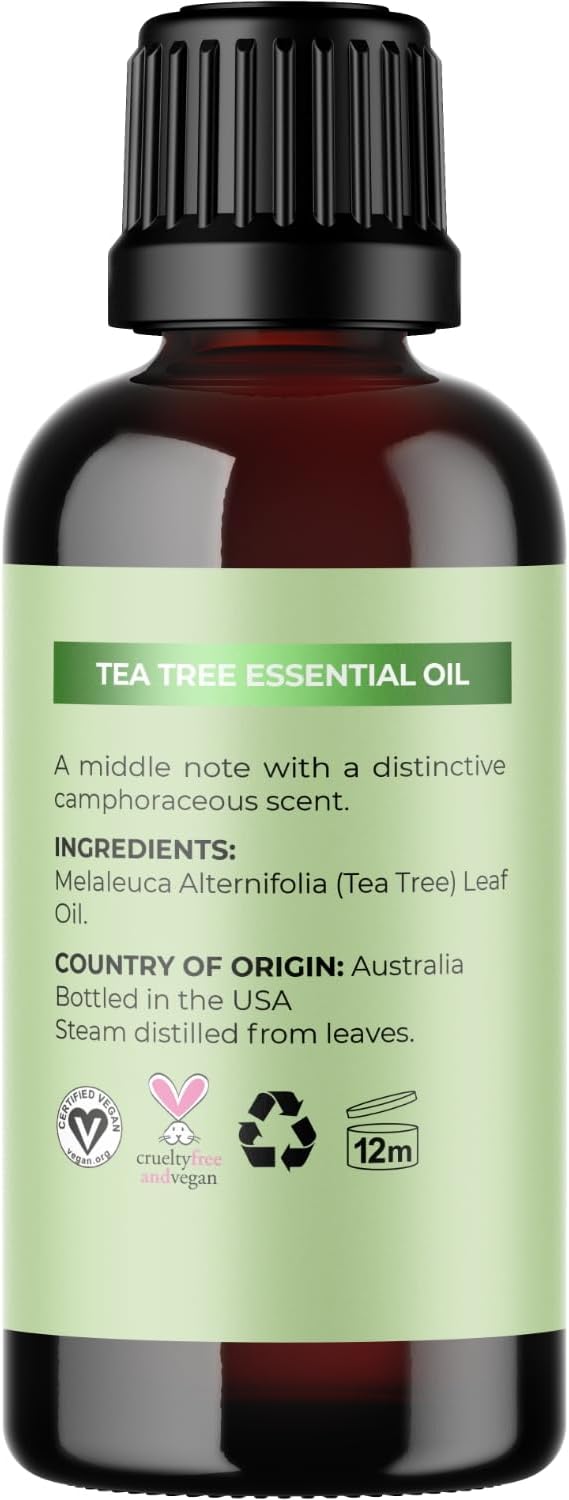 Pure Tea Tree Oil for Hair Skin and Nails - 100% Pure Undiluted Tea Tree Essential Oil with Dropper for Topical Uses Aromatherapy Diffusing and Home and Beauty DIYs - Vegan and Cruelty Free (1 Fl Oz)