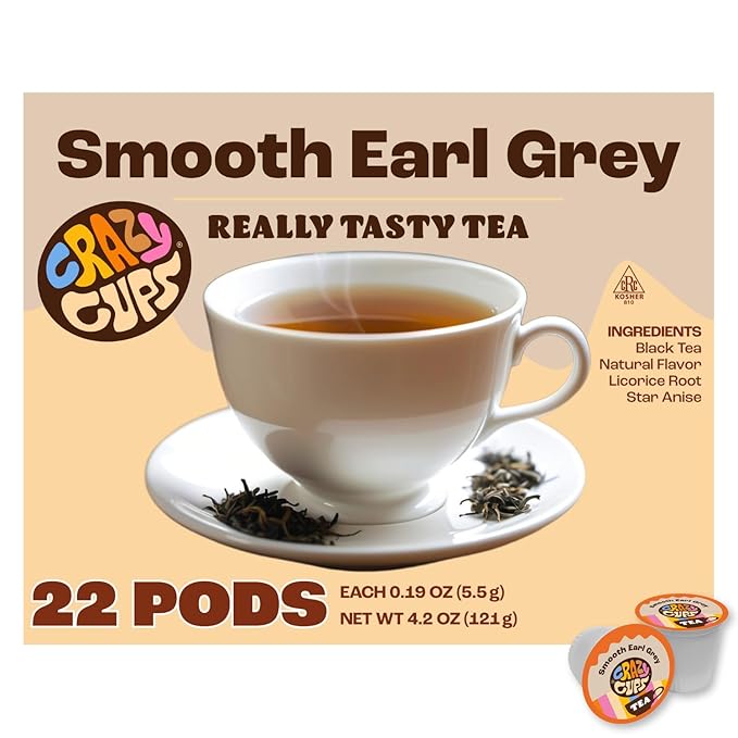 Crazy Cups Smooth Earl Grey Herbal Tea Pods, 22 Count | Caffeine Free, Kosher Certified Black Tea Blend with Licorice Root & Star Anise, K Cup Compatible, Bold Bergamot Flavor, Gluten Free, Vegan