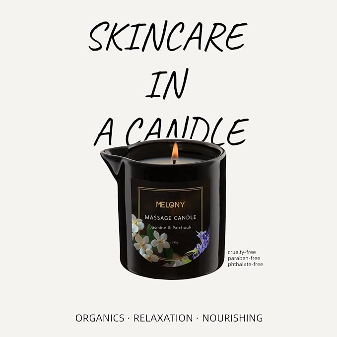 MELONY Luxury Massage Candle - Moisturising, Body Oil Candles for Muscle Relaxation, Home Spa, 8.1OZ (Jasmine & Patchouli)