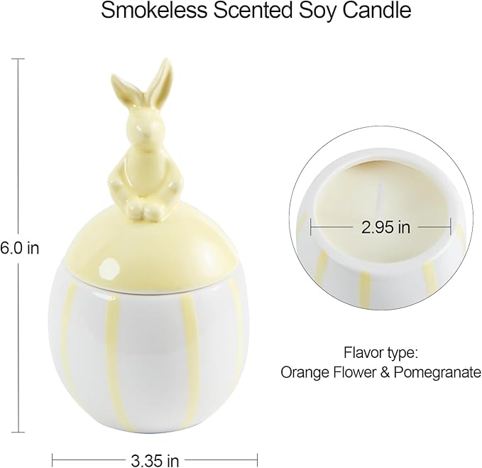 Easter Bunny Candle with Egg Jar and Lid, Easter Decorations Cute Rabbit Aromatherapy, Ceramic Egg Candles for Spring Home Decor, Long Buring Scented Soy Candle Gift for Friends, Yellow