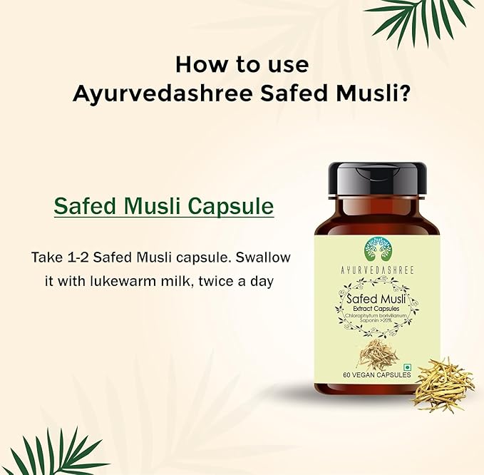 Safed Musli Extract 500mg - 60 Vegetarian Capsules | Chlorophytum Borivillianum | All Natural | 100% Vegan | Gluten-Free.