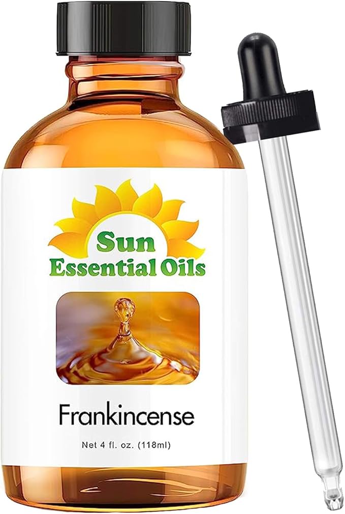 Sun Essential Oils – 4 oz Frankincense Essential Oil with Dropper for Diffuser, Skin, Face, Aromatherapy Massage, Humidifier, Warm & Resinous Scent for Candle, Lotion & Soap Making, Room Fragrance
