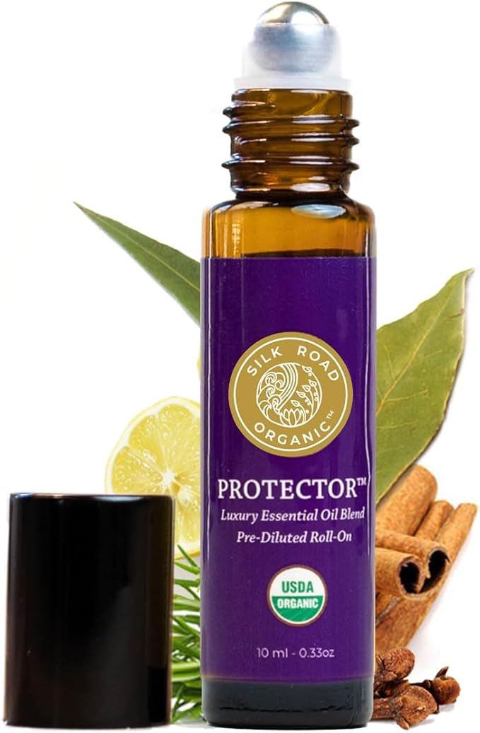 Silk Road Organic Protector Essential Oil Immunity Blend Roll On, Purifying Thieves Oil Formula, 100% Pure USDA Certified Clove Bud, Cinnamon Bark, Rosemary, Lemon, Eucalyptus - 10 ml Roller