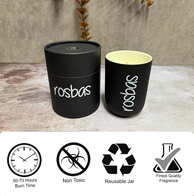 Rosbas Candle, Lavender Scented, Natural Soy Wax, Black Ceramic Jar, 8 oz, Cotton Wick, Gift Box, Long Burn Time, Home, Non-Toxic, Handmade in The USA