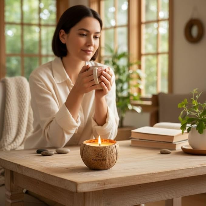 Holy Health® Coconut Scented Candle – Orange – Handmade in Natural Coconut Shell with Natural Wood Wick – Sweet & Energizing Aroma – Real Coconut Wax. Free Holy Health® Totebag.