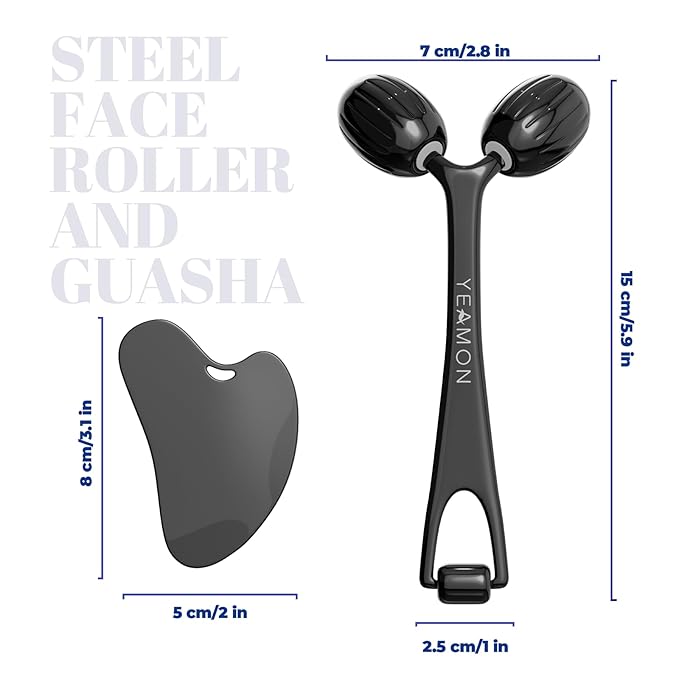 Yeamon Gua Sha Facial Tools and Face Roller Set, Facial Massage Tool for Women’s Skincare Routine,Cooling Stainless Steel Face Sculpting Eyes Roller Guasha for Daily Use or Self-Care Gift for Women