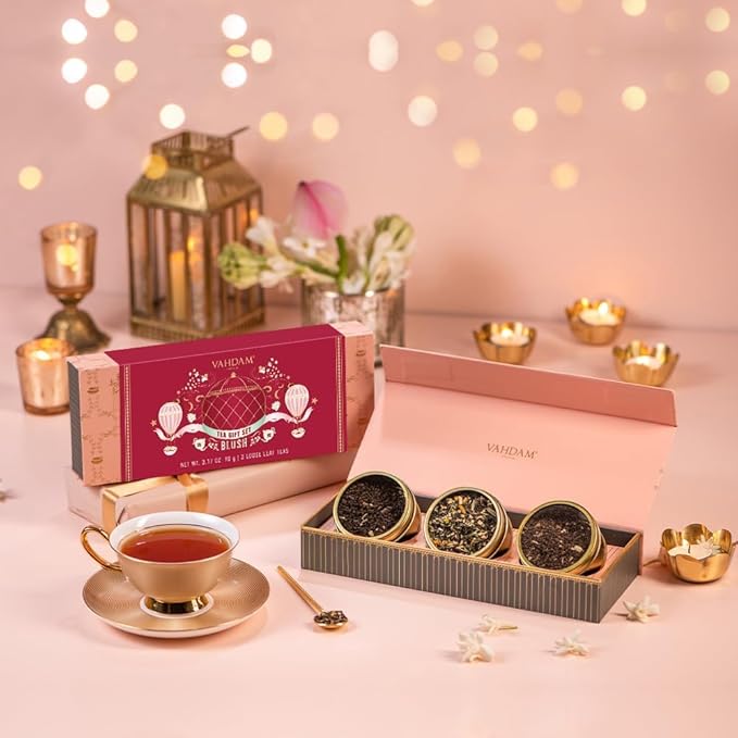 VAHDAM, BLUSH - Assorted Tea Gift Set, 3 Premium Teas in Tin Caddy Presentation Box | Loose Leaf Teas | Gift for everyone