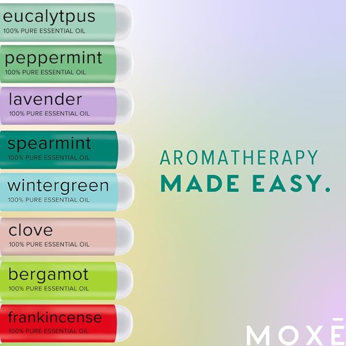 MOXĒ Nasal Inhalers Bundle, 8 Essential Oils, 100% Pure and Undiluted, Therapeutic Grade, No-Mess Portable Aromatherapy, Includes Eucalyptus, Peppermint, Lavender, Wintergreen, Made in USA - Pack of 8
