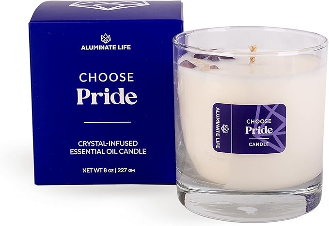 Luxury Glass Jar Candle, 8 OZ, Choose Pride - Amethyst Crystal Infused - Scents of Lilac, Lavender, Cypress & Leather - Confidence, Pleasure, & Self-Respect - Coconut Wax, Essential Oil
