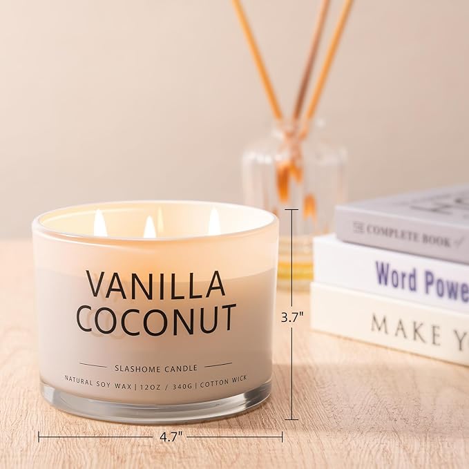 Vanilla Coconut Scented Candle, Luxury Large 3 Wick Soy Candle 12 Oz, 60+ Hour Long Lasting Clean Burn, Elegant Aromatherapy Home Decor, Housewarming & Birthday Gift for Men & Women