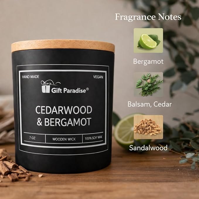Gift Paradise® Cedarwood & Bergamot Scented Candle – 7 oz Natural Soy Wax Candle with Crackling Wooden Wick & Wooden Gift Box | Calm Self-Care Candle for Relaxation, Home Refresh & Valentine’s Day