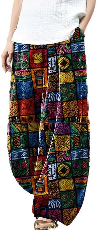 domirica Plus Size Loose Pants for Women Floral Printed Cute Pattern Ethnic Baggy Beach Wide Leg Trouser