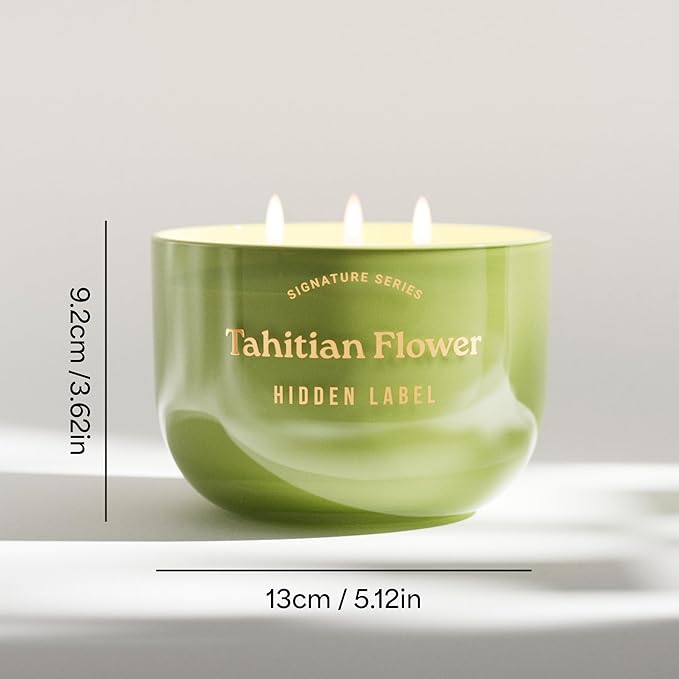 Hidden Label Tahitian Flower Scented Candles,3-Wick Aromatherapy Candle – 18oz, 70-Hour Burn Time, 100% Natural Soy Wax, Luxury Home Scent & Décor for Women and Men