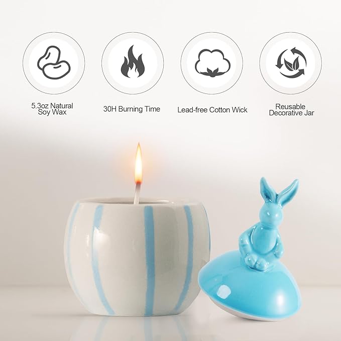 Easter Bunny Candle with Egg Jar and Lid, Easter Decorations Cute Rabbit Aromatherapy, Ceramic Egg Candles for Spring Home Decor, Long Buring Decorative Candle Friends Gifts for Women, Blue