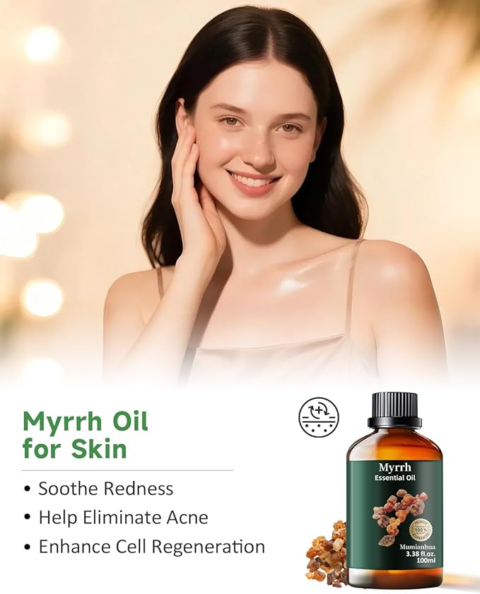 Myrrh Essential Oil, Pure Myrrh Oil Mumianhua Natural Aroma for Diffuser, Aromatherapy, Skin, Beard Care, Earthy Candle Making, Cleaning Blends & Home Purifier 3.38 Fl Oz with Glass Dropper