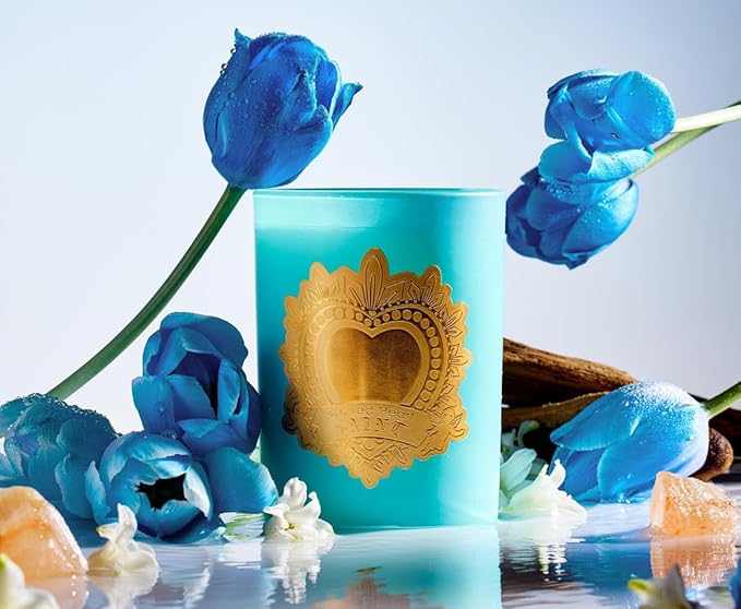 SAINT Ex-Voto Sacred Heart Devotional Scented Candle with Prayer Coin, Amber Fleur Soy Coconut Aromatherapy Candle with 80 Hour Burn Time, Collector Series Edition III (Blue)