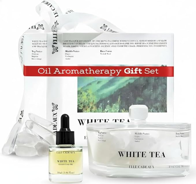 White Tea Oil Diffuser Aromatherapy Gift Set with Crystal Stones – Home Spa & Relaxation Oil Gift for Women, Luxury Decor & Gift for Women, Housewarming or Birthday Gift Set | 1.06oz