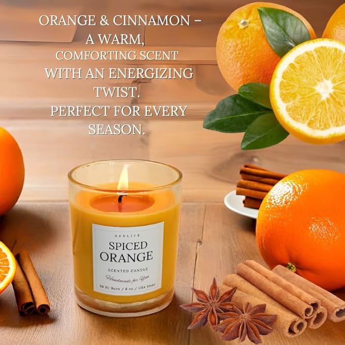 AANLIFE Spiced Orange Scented Candle, Fall, Thanksgiving & Halloween Candle, Gift for Men & Women, Christmas,American Organic Coconut Wax, Long Lasting 50 Hour Burn, Non - Toxic, 8oz, USA