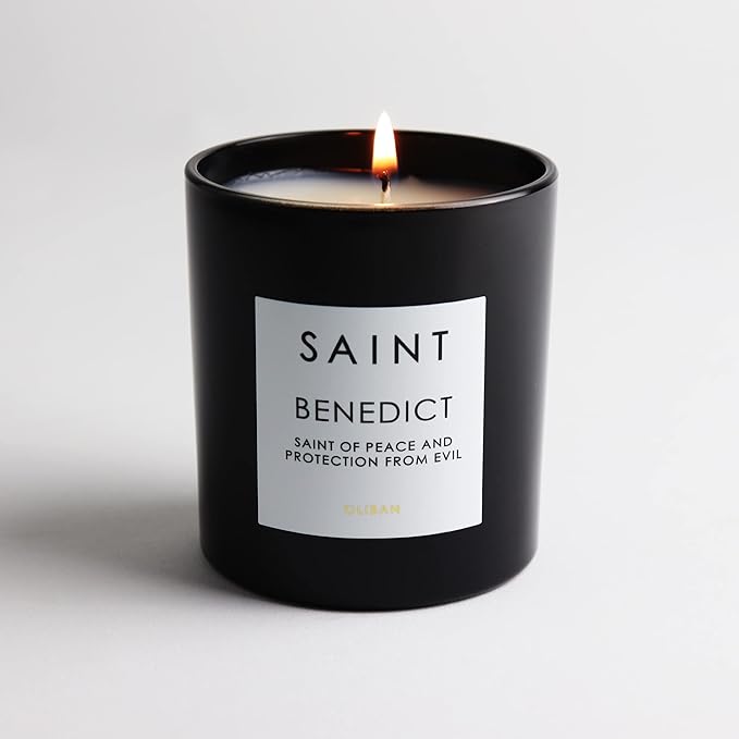 SAINT Benedict Scented Candle with Prayer and Prayer Coin, Saint of Peace and Protection from Evil, Soy Coconut Aromatherapy Candle with 50 Hour Burn Time