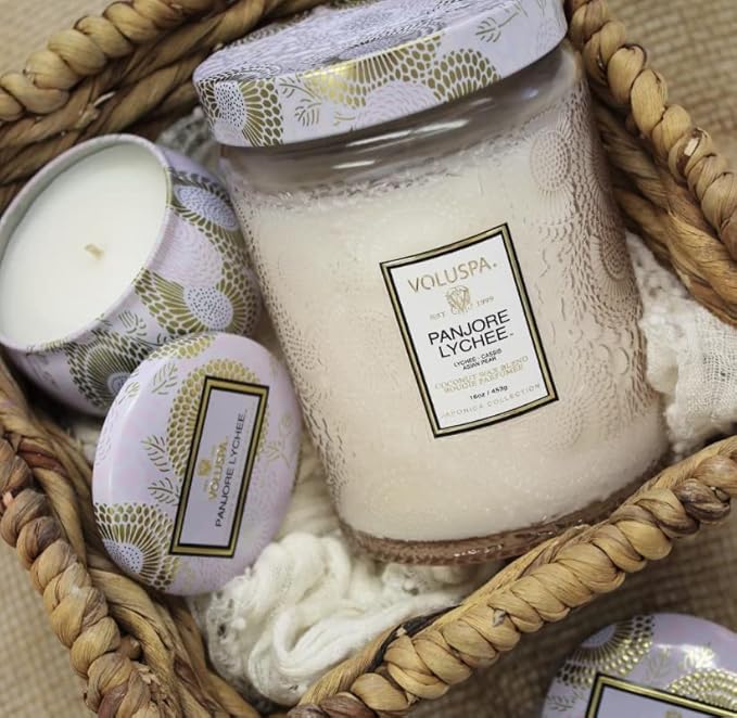 Voluspa Panjore Lychee, Large Candle Jar, 18 oz, 100 Hour Burn Time, Coconut Wax for Clean Burning, Handcrafted in the USA