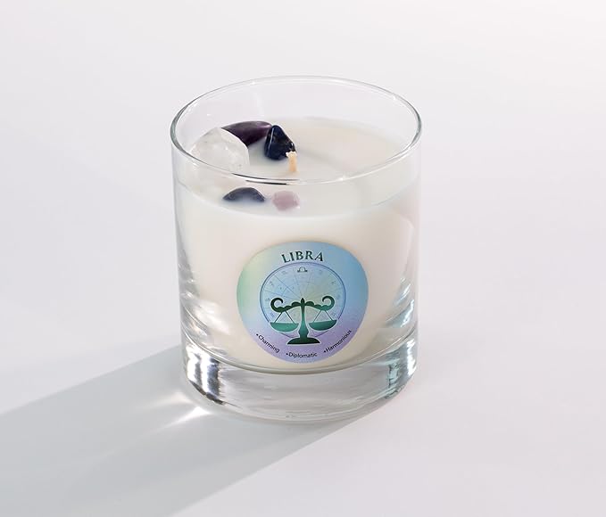Luxury Glass Jar Candle, Libra Zodiac Sign, 8.8 oz - Crystal Infused - Scents of Marine, Rose, Cedar & Soft Musk - USA Made, Coconut-Soy Wax, Essential Oils, Dr. Developed