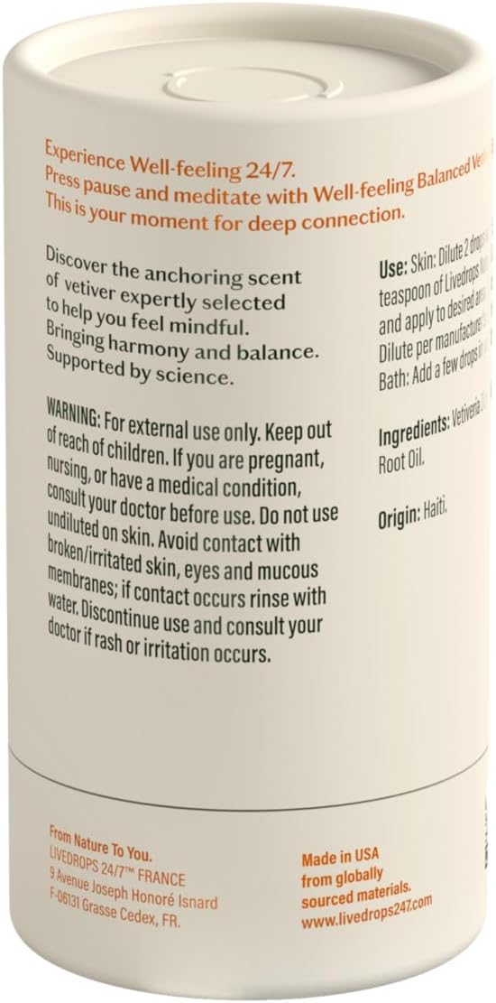 LIVEDROPS 24/7 Balanced Vetiver Essential Oil, Natural Vegan Aromatherapy for Diffuser or Diluted Skin Use, Earthy Woody Scent, Origin Haiti, Made in USA, Clinically Tested, 10ml