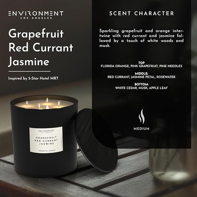 Environment Inspired by 5-Star Resort MRT Candle, 55oz Luxury Coconut Apricot Wax Candles for Home (Grapefruit | Red Currant | Jasmine) Home Fragrance Products, 4 Wick Candle, Vegan & Cruelty-Free