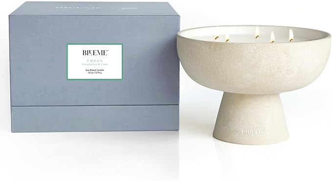 Blueme Focus Candle | Eucalyptus & Lime | 5 Wick - Refillable Wellness Candle with Essential Oils, Hand Finished & Poured Soy Wax Blend Ceramic Vessel, Natural Cotton Wicks | Giant 45 oz