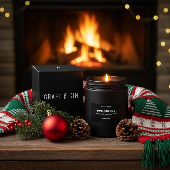 Craft & Kin Premium Pine & Clove Candle | Black Christmas Scented Candles for Home | Christmas Tree Candle | Long Lasting with 45 Hour Burn Time, 7.6oz | Soy Holiday Candles | Aromatherapy at Home